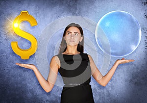 Busineswoman holding dollar sign and big bubble
