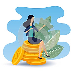 busineswoman sitting in the coins with leaves plants