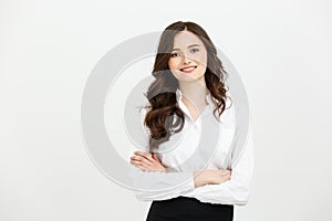 Businss Concept: Portrait confident young businesswoman keeping arms crossed and looking at camera while standing