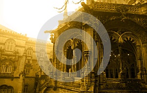 Travel Portugal, Bussaco Palace, Gothic Gargoyles, Tracery Arched Enclosed Balcony, Foggy Day photo