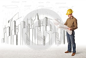 Bussines Engineer man with building city drawing in background