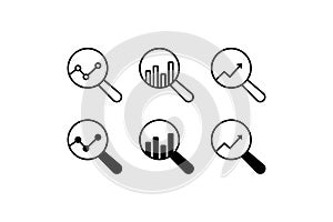 Bussines research icon set. Analize economics illustration symbol. Sign magnifying glass and graph vector photo