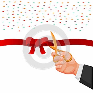 Bussinesman Hand Holding Scissors Cutting Red Ribbon Symbol for Celebrate Grand Opening Ceremony in Cartoon Illustration Vector