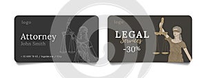 Bussiness cards for law firm or attorney with line illustration of blind goddess of justice Femida with scales