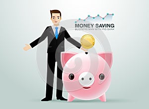 Bussiness man pig bank coin saving money photo