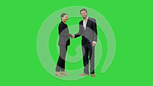 A bussiness woman and a bussiness man meet and shake hands on a Green Screen, Chroma Key.