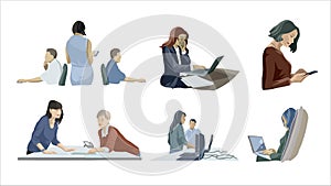 Bussiness woman female, women set on white background. Discussion, negotiation, discussion, business partnership, team