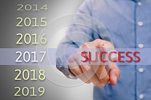 bussinessman hand pointing success text for 2017. targets concept