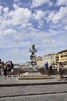 Bust of Benvenuto Cellini Monument from Ponte Vecchio Bridge of Florence Metropolitan City. Italy