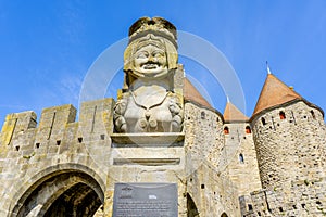 The Bust of the Famous Lady Carcas at the entrance of the citadel of Carcassonne and in legend the namesake of the city.