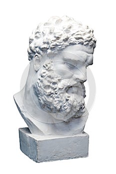 Bust of the Farnese Hercules. Heracles head sculpture, plaster copy of a marble statue isolated on white. Son of Zeus