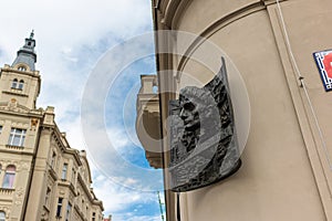 Bust of Franz Kafka on his birthplace house in Prague