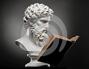 the bust of a male statue while reading a book