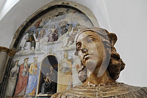 Bust of Raffaello Sanzio, known as Raphael. On the background there is a fresco painted by Raffaello Sanzio. Chapel of San Severo photo