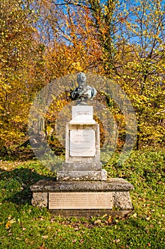 Bust of Wolfgang Amadeus Mozart in the park on Kapuzinerberg hill in Salzburg, Austria.