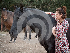 Bustarviejo, Spain.Female doing energy work on  black andalusian horse.