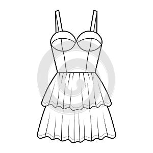 Bustier dress technical fashion illustration with shoulder straps, fitted body, 2 row mini length ruffle tiered skirt.