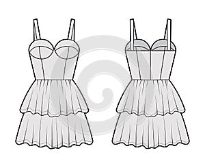 Bustier dress technical fashion illustration with shoulder straps, fitted body, 2 row mini length ruffle tiered skirt.