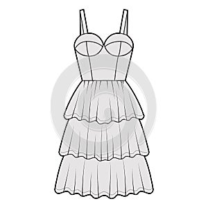 Bustier dress technical fashion illustration with sleeveless, cups, fitted body, 3 row knee length ruffle tiered skirt.