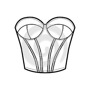 Bustier longline corsetry bra lingerie technical fashion illustration with molded cup, bones, hook-and-eye closure. Flat