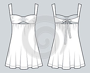 Bustier mini Dress technical fashion illustration. A-Line Dress fashion flat technical drawing template, square neck, slim fit