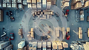 the bustling activity within a warehouse as workers navigate among towering shelves filled with cardboard boxes, seen