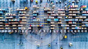 the bustling activity within a warehouse as workers navigate among towering shelves filled with cardboard boxes, seen