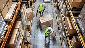 the bustling activity within a warehouse as workers navigate among towering shelves filled with cardboard boxes, seen