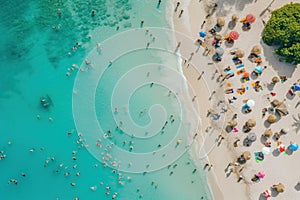 Bustling Aerial view crowded beach. Generate Ai