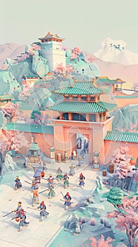 A bustling ancient market scene with samurais resolving a kerfuffle, showing a slice of life from different parts of the world
