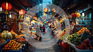 A bustling Asian market at night with colorful lanterns illuminating the street and stalls of fresh produce