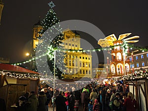 Christmas market bustling city night scene in Germany