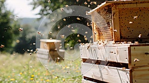 Bustling beehive with bees actively buzzing around colorful spring flowers in full bloom