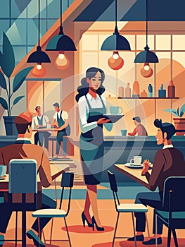 Bustling Cafe Scene with Attentive Waitress and Customers Engaged in Conversation photo