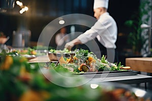 A bustling catering event, with chefs preparing exquisite dishes in an open kitchen. Catering buffet food indoor in restaurant