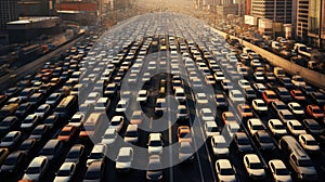 the bustling chaos of a rush-hour traffic jam, where countless cars navigate congested roads, the hectic energy of urban