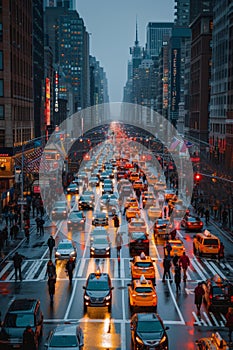 A bustling city scene with streaks of traffic lights at sunset, showcasing the fast pace of urban life.