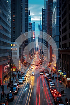 A bustling city scene with streaks of traffic lights at sunset, showcasing the fast pace of urban life.