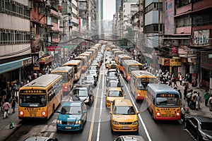 A bustling city street with colorful taxis and buses weaving through traffic.