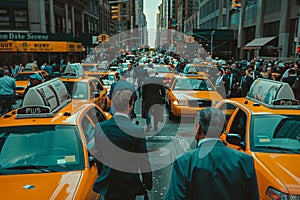 A bustling city street filled with cars, taxis, and pedestrians during rush hour, A crowded street filled with taxis and suits
