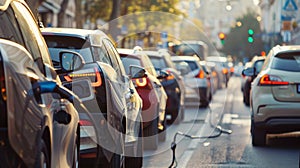 A bustling city street filled with electric cars and public transportation fueled by biofuels. The air is noticeably