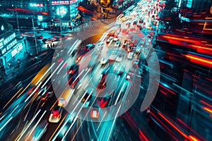 Bustling City Street With Heavy Nighttime Traffic, Abstract representation of futuristic traffic in a busy city, AI Generated