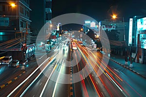 Bustling City Street With Heavy Traffic at Night