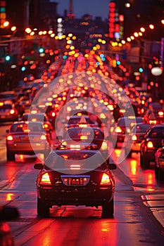 A bustling city street illuminated by a flurry of headlights, brake lights, and street lights, as vehicles navigate