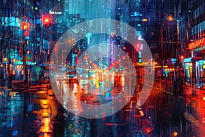 A bustling city street at night, illuminated by the soft glow of streetlights and neon signs, with the rain creating a