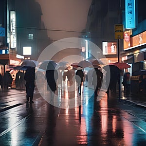 Rušný mesto ulice počas daždivý noc odrazy z svetlá dáždniky zachytenie esencia z mestský život5 