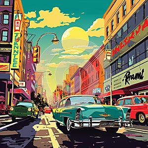Bustling City Street Scene with a Retro Reminiscence Vibe