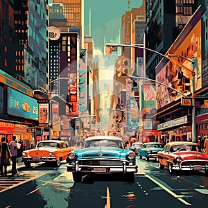 Bustling City Street Scene with a Retro Reminiscence Vibe photo