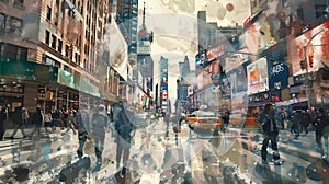 A bustling city street transformed into a dreamy watercolor scene of bustling activity photo