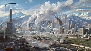 A bustling cityscape is depicted with cars and other vehicles emitting thick clouds of smoke into the air. In the